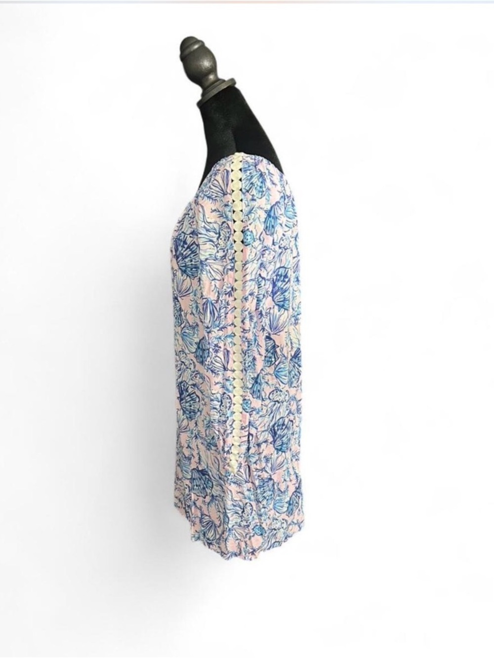 Lilly Pulitzer Pink Blue Seashell Print Dress XS 3/4 Sleeve Tunic Shift Pom Trim - Picture 3 of 6